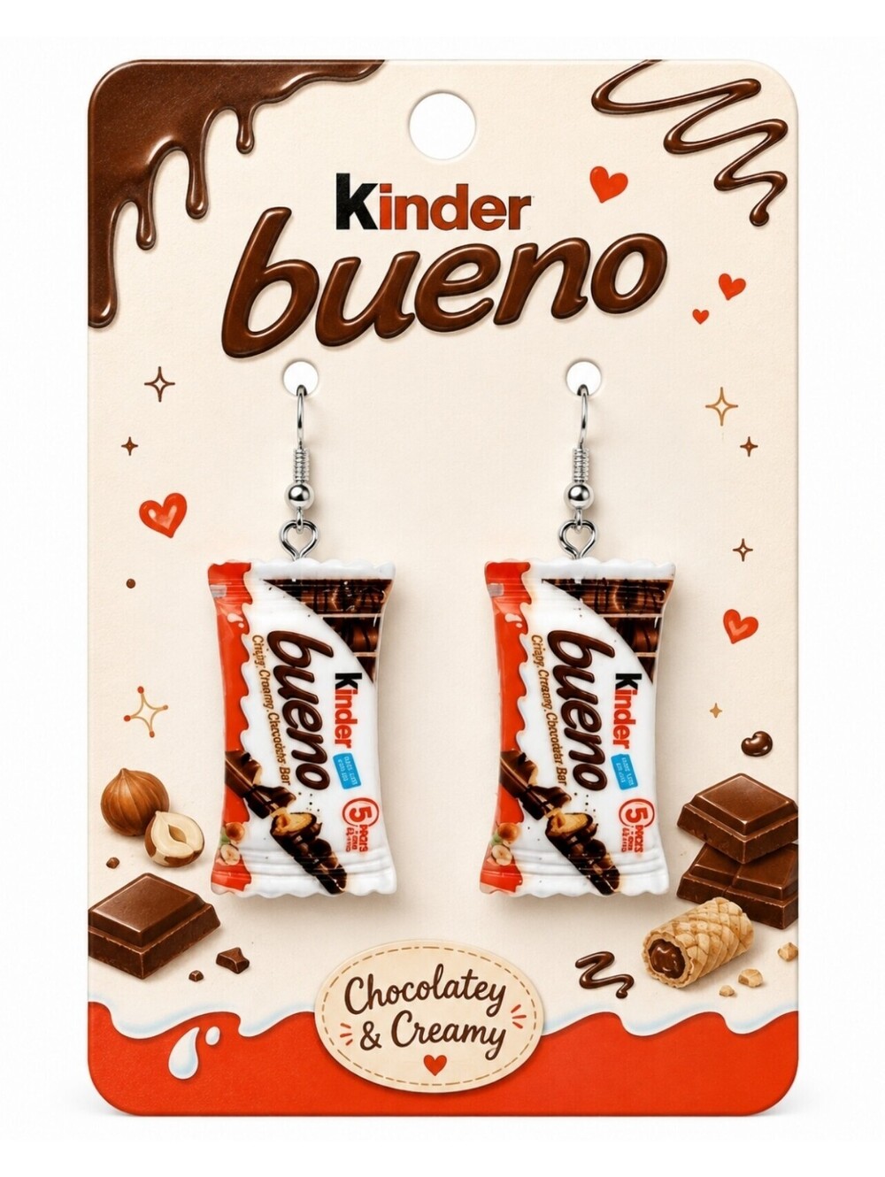 Fun Jewelry Mini Kinder Bueno Chocolate Candy Novelty Hypoallergenic Earrings